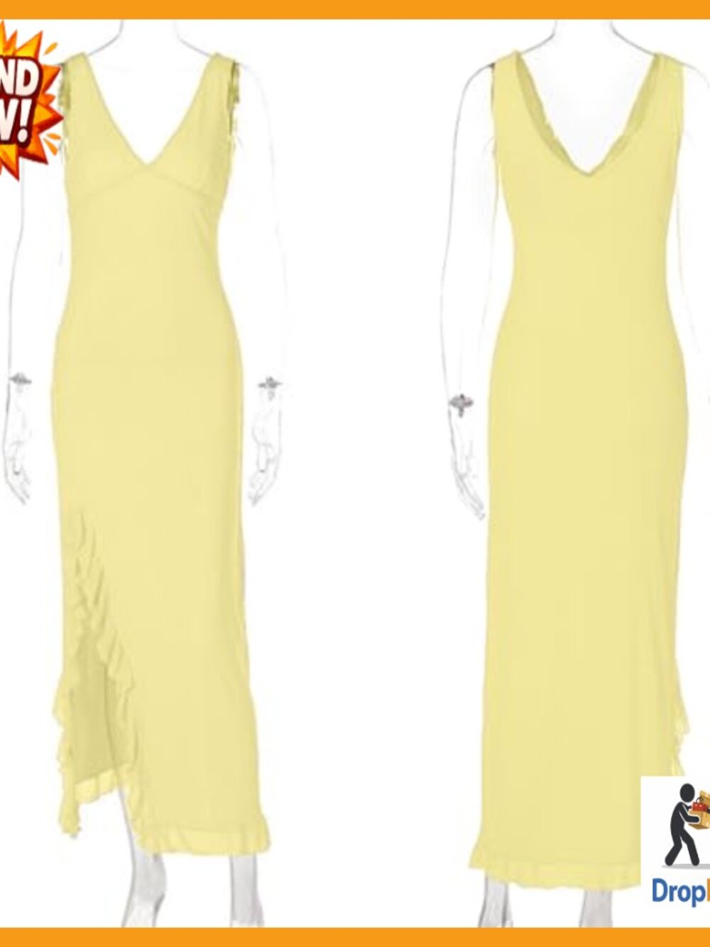 Sexy V Neck Mesh Maxi Dress Ruffle Hem High Slit Bodycon Cocktail Party - Picture 6 of 7